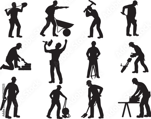  Construction worker silhouette vector set