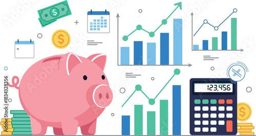 Piggy bank with growing financial charts and calculator symbolizing savings and investment growth.