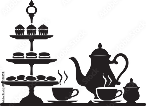 Elegant tea ware display for afternoon tea, perfect for café menus silhouette vector
