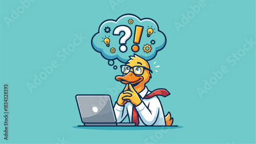 Duck contemplating ideas while working on a laptop computer.