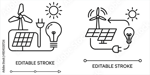 Empowering sustainable living with wind turbine and solar panel electricity connecting to lightbulb in innovative renewable energy solution for eco friendly future.