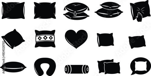 Diverse pillow collection hand drawn black silhouettes of various shapes and styles for home decor