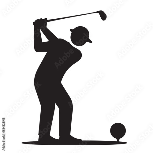 Silhouette of golfer swinging club at ball