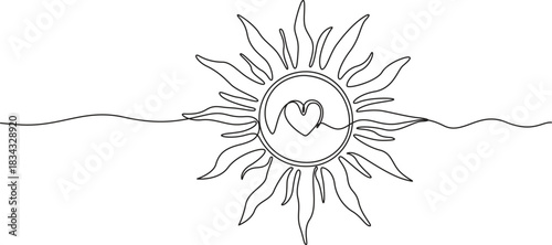 Continuous Line Art Sun with Heart Symbol
