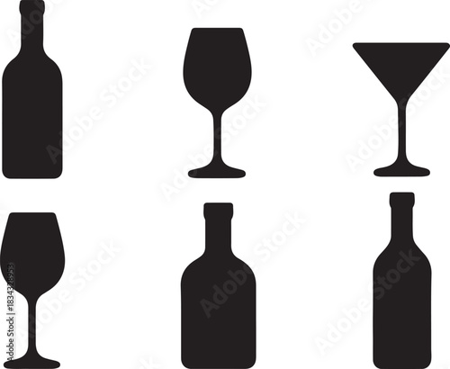 Silhouette Icons of Various Wine Bottles and Glasses Including Wine Glass Cocktail Glass and Liquor Bottle