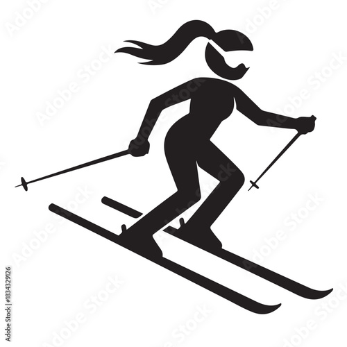Silhouette of female skier downhill skiing white