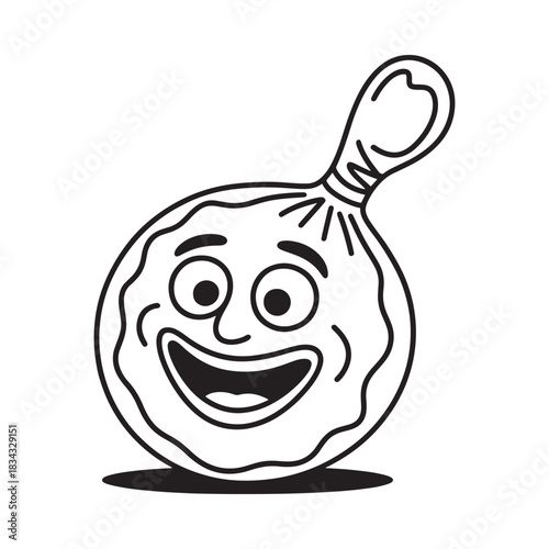 Happy cartoon face on a round object with a tail