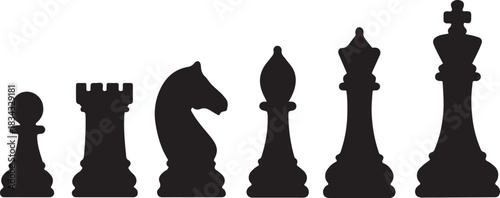 Silhouette of a complete set of chess pieces arranged in a line on a white background