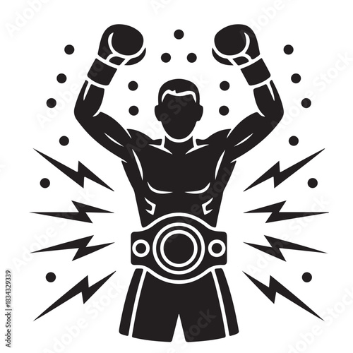 Silhouette of triumphant boxer with championship belt