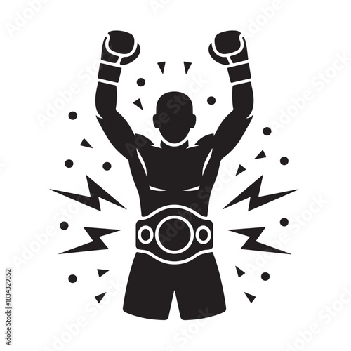 Silhouette of boxer celebrating victory with championship belt
