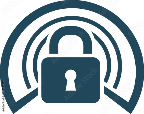 Digital security lock with wireless signal waves symbolizing protection and data privacy