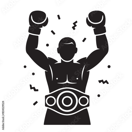 Silhouette of triumphant boxer celebrating victory with belt