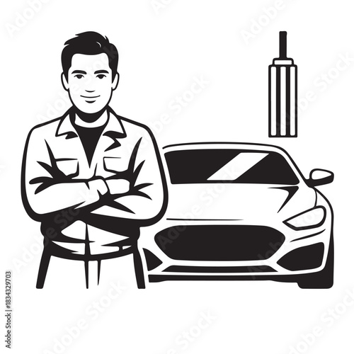 Car mechanic standing next to modern vehicle icon