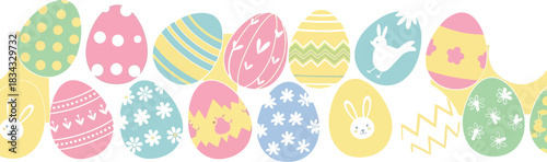 Festive Easter eggs in pastel colors with playful patterns and bunny motifs