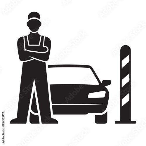 Security guard standing next to car at barrier