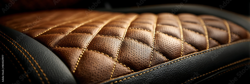Obraz premium Close up detail of luxurious brown leather car seat upholstery featuring elegant diamond pattern stitching and perforated texture in dark moody lighting.