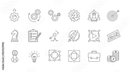 Business strategy planning process with gears checklist target and leadership for company growth success, line vector illustration
