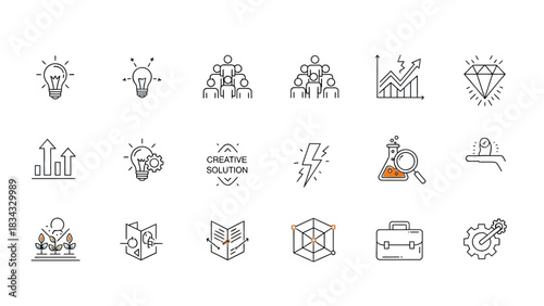 Business idea solution creative teamwork growth success diamond research time management agriculture portfolio, line vector illustration