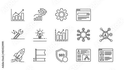 Seo optimization growth analytics marketing strategy development research tools and business icons set, line vector illustration