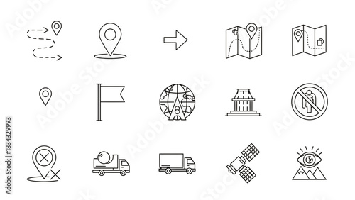Location map pin route flag globe building delivery truck satellite eye travel navigation icons design, line vector illustration