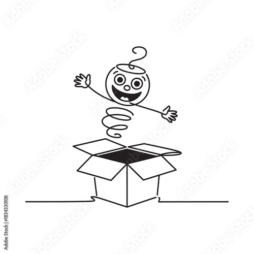 Joyful stick figure character springs out of an open box