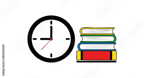 Clock showing nine o'clock next to a stack of colorful books on a black background