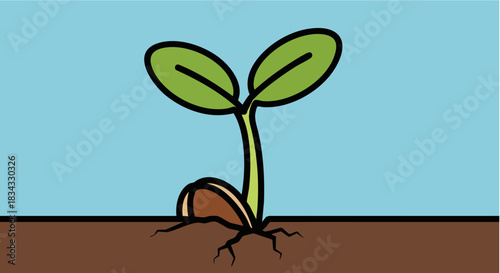 Sprouting seed emerging from soil with tiny roots and leaves against blue sky