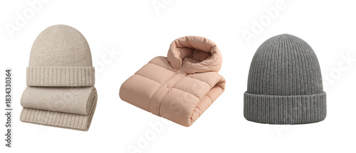 Three knitted winter hats and a scarf isolated on transparent background