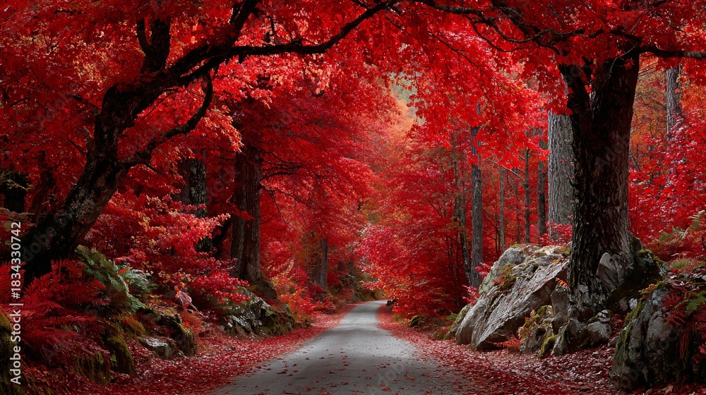 Fototapeta premium Curving Road Through a Dense Forest of Vivid Red Autumn Leaves, Mystical Nature Scenery, Moody Lighting.