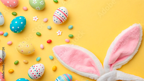 Easter celebration with colorful eggs and bunny ears on yellow background