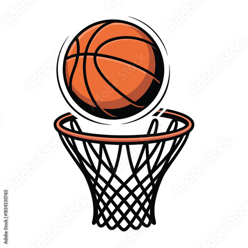 A basketball going into the hoop, clean vector style, transparent background.