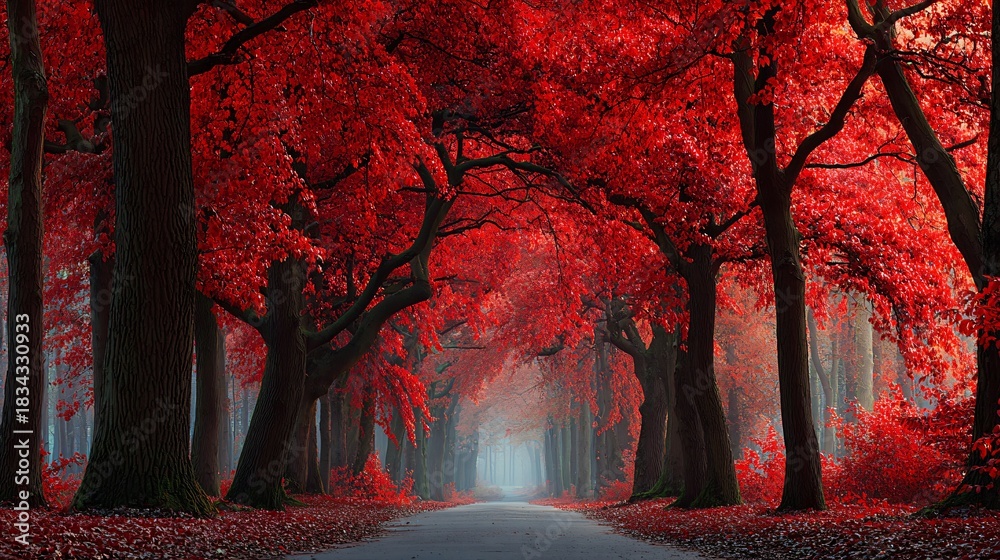 Fototapeta premium Winding Road Entering a Tunnel of Overhanging Red Autumn Trees, Dramatic and Mysterious Forest View, Wide View of an Asphalt Road Under a Canopy of Bright Red and Orange Autumn Foliage.