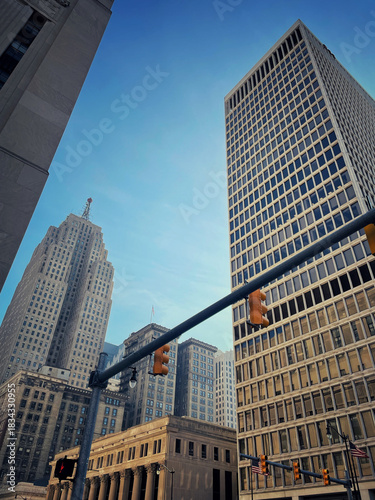Blue sky day over downtown Detroit skyscrapers 