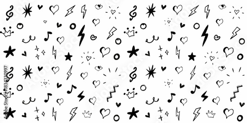 Hand drawn doodle pattern with hearts stars music notes and lightning bolts
