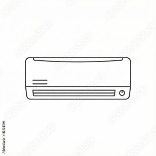 Black and white vector illustration of a modern wall-mounted air conditioner with clean straight outlines, minimal vent details, no shading or gradients, isolated on white for HVAC, home appliance, an