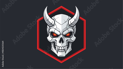 Sinister Skull with Horns and Fiery Red Eyes on Dark Background.