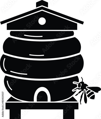 Black and white illustration of a bee hive with a bee nearby