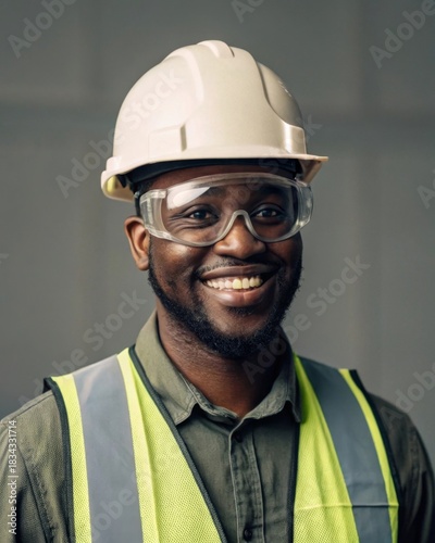 Safety worker smiling in safety gear industrial setting portrait neutral lighting realistic mood