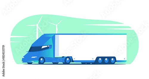 A modern hybrid, hydrogen or electric truck with a trailer. Vector illustration.