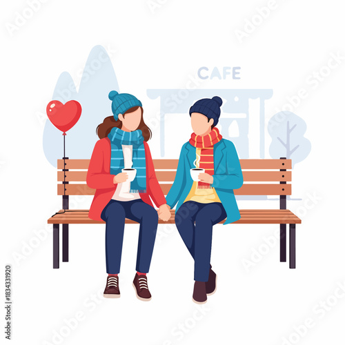 Romantic Couple Sitting on Park Bench with Heart Balloon Enjoying Autumn Day Romantic love vector