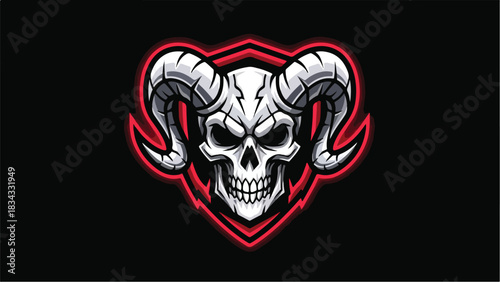 Sinister Skull with Horns and Red Outline on Black Background.