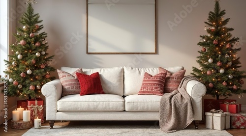 A cozy Christmas living room with decorative trees, candles, gifts and festive pillows on a textured white sofa