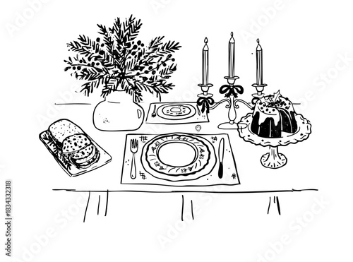 Whimsical Christmas Dinner Table Setting Doodle. Festive Candles, Cake, and Holiday Place Setting Scene. Outline Hand-Drawn Vector Illustration