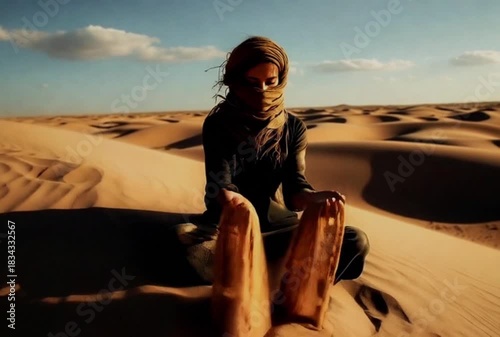 A person sits cross legged on rolling dunes, face partly veiled, sand streams through hands as wind lifts scarf in late afternoon light, high contrast and centered view
