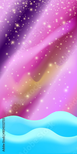 Realistic cartoon Chhristmas snow hills with falling snowflakes and northern lights vertical background. Winter vertical landscape design element with snow. north pole snowy fields and falling snow