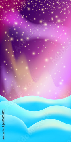 Realistic cartoon Chhristmas snow hills with falling snowflakes and northern lights vertical background. Winter vertical landscape design element with snow. north pole snowy fields and falling snow