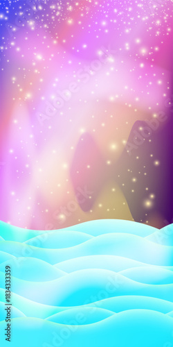 Realistic cartoon Chhristmas snow hills with falling snowflakes and northern lights vertical background. Winter vertical landscape design element with snow. north pole snowy fields and falling snow