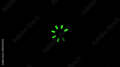 Green loading animation on black background, progress indicator loop, digital wait symbol, spinning circle or bar, UI/UX concept, preloader animation for apps and websites