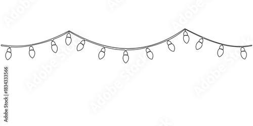 Festoon, garland with bulbs drawing with one Continuous line. Festive, Christmas garland in simple linear style. Split frame for design for banner, background. Vector editable illustration