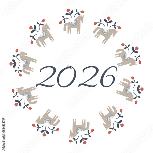 Horse wreath Christmas design in folk style Folk art Vector illustration New year frame